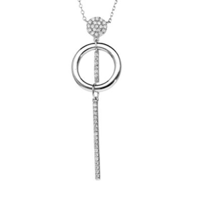 Collier en argent rhodié chaîne en forme Y avec pendentif cercle oxydes blancs sertis et baguette pendante longueur 42+3cm