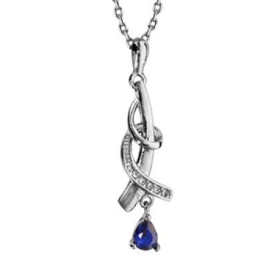Collier en argent rhodié collection joaillerie chaîne avec pendentif pierre bleu foncé 43cm + 2cm