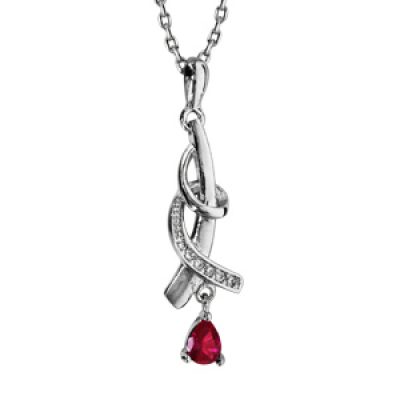 Collier en argent rhodié collection joaillerie chaîne avec pendentif pierre rouge 43cm + 2cm