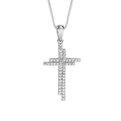 Collier en argent rhodié chaîne avec pendentif croix oxydes blancs sertis 42cm + 3cm