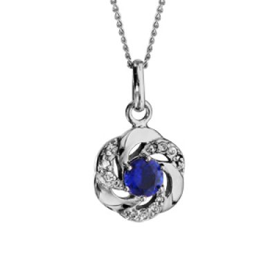 Collier en argent rhodié collection joaillerie chaîne avec pendentif fleur bleu foncé 42cm + 3cm