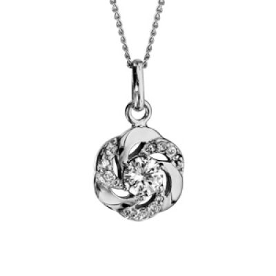 Collier en argent rhodié collection joaillerie chaîne avec pendentif fleur oxyde blanc serti 42cm + 3cm
