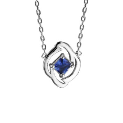 Collier en argent rhodié collection joaillerie chaîne avec pendentif carré bleu foncé 42cm + 3cm