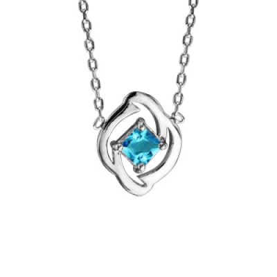 Collier en argent rhodié collection joaillerie chaîne avec pendentif carré bleu clair 42cm + 3cm