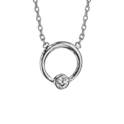 Collier en argent rhodié chaîne avec pendentif cercle 1 oxyde blanc serti clos 42cm