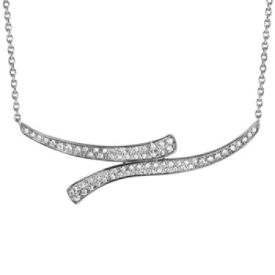 Collier en argent rhodié chaîne avec 2 barettes en forme de vague ornées d'oxydes blancs sertis - longueur 42+3cm