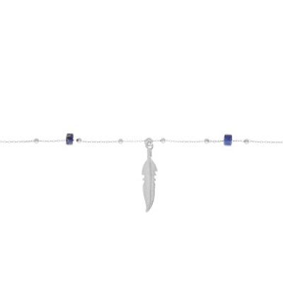 Chaîne de cheville en argent platiné avec pampille plume et rondelles Lapis Lazuli véritable 22+3cm