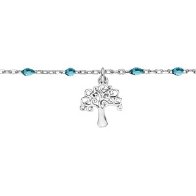 Chaîne de cheville en argent rhodié perles bleu tranparent et arbre de vie 23+3cm