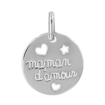 Pendentif en argent rhodié médaille gravée "maman d'amour" et coeurs et étoile découpés