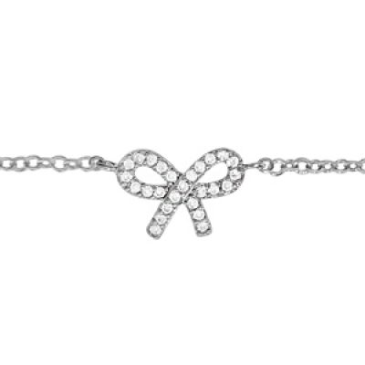 Chaîne de cheville en argent rhodié avec noeud féminin orné d'oxydes blancs sertis - longueur 23cm + 2cm de rallonge