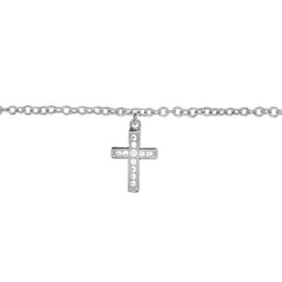 Chaîne de cheville en argent rhodié avec pampille croix chrétienne ornée d'oxydes blancs sertis - longueur 23cm + 2cm de rallonge