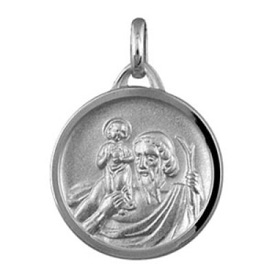 Pendentif médaille en argent rhodié de Saint-Christophe en relief et bord brillant