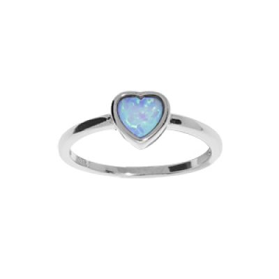Bague en argent rhodié coeur Opale bleue de synthèse