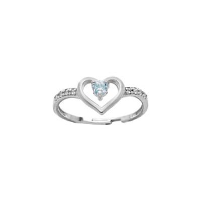 Bague en argent platiné coeur avec oxyde bleu et oxydes blancs sertis taille réglable 46.48.50