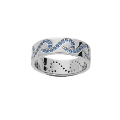 Bague en argent rhodié anneau motif vagues oxydes bleus sertis