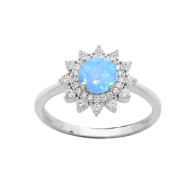 Bague en argent rhodié étoile avec Opale bleue de synthèse et contour oxydes blancs sertis