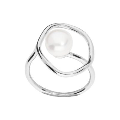 Bague en argent rhodié anneau stylisé avec perle blanche de synthèse