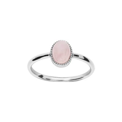 Bague en argent rhodié pierre Quartz rose véritable ovale simple contour perlé