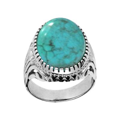 Bague en Argent rhodié anneau ciselé orné d'une Turquoise de synthèse