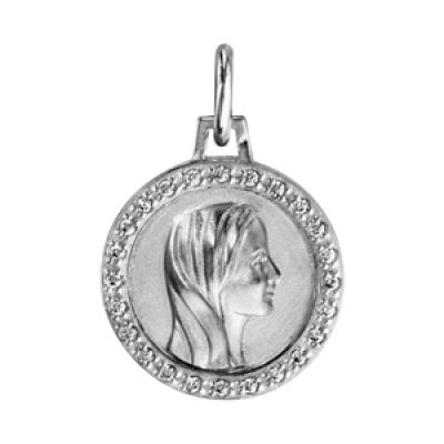 Pendentif médaille en argent rhodié vierge et contour en oxydes blancs sertis 16mm