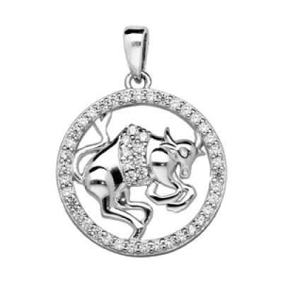 Pendentif en argent rhodié rond avec signe du zodiaque Taureau et contour d'oxydes blancs sertis