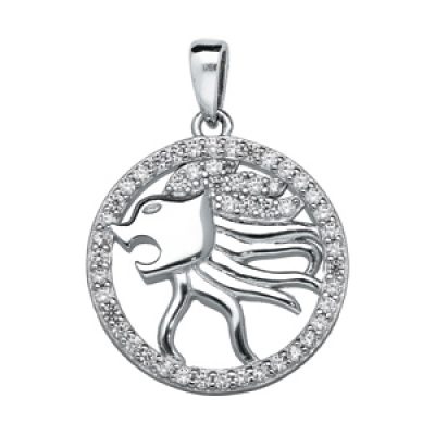 Pendentif en argent rhodié rond avec signe du zodiaque Lion et contour d'oxydes blancs sertis