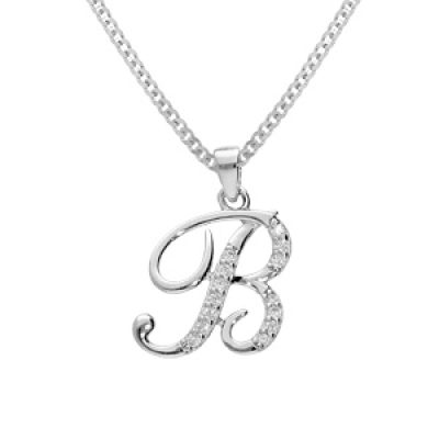 Collier avec pendentif en argent rhodié initiale B majuscule avec oxydes blancs sertis longueur 42cm + 3cm