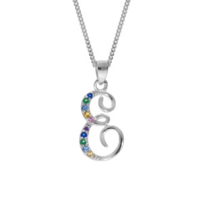 Collier en argent rhodié chaîne avec pendentif initiale E et oxydes multi couleurs sertis 42+3cm