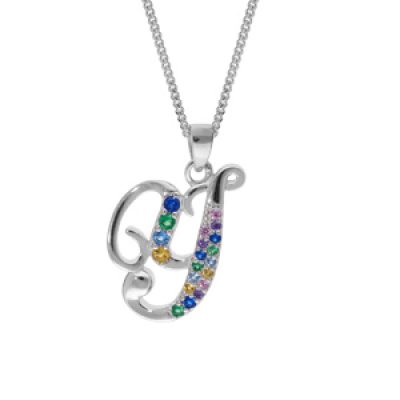 Collier en argent rhodié chaîne avec pendentif initiale Y et oxydes multi couleurs sertis 42+3cm