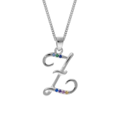 Collier en argent rhodié chaîne avec pendentif initiale Z et oxydes multi couleurs sertis 42+3cm