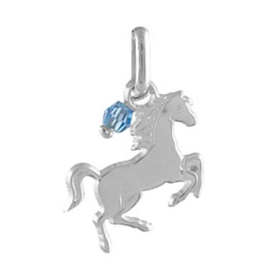 Pendentif en argent cheval qui saute avec pampille oxyde bleu ciel