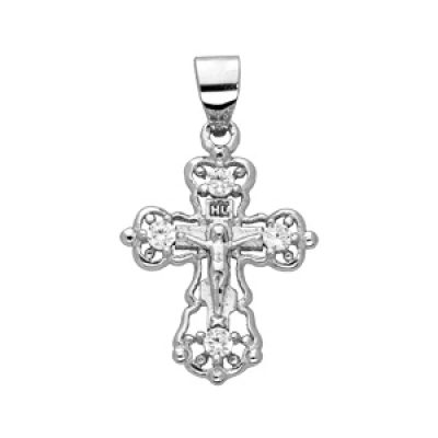 Pendentif en argent rhodié Croix ajourée avec Christ petit modèle et oxydes blancs sertis