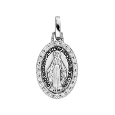 Pendentif en argent rhodié Médaille ovale miraculeuse avec Vierge Marie et contour oxydes blancs sertis