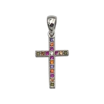 Pendentif en argent rhodié Croix empierrée large multi-couleur
