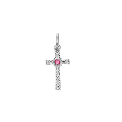 Pendentif en argent rhodié croix diamantée étoile oxyde rose