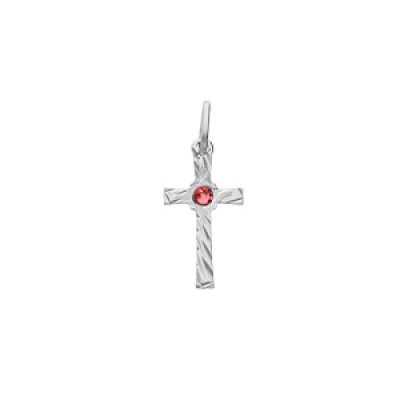 Pendentif en argent rhodié croix diamanté oxyde rouge