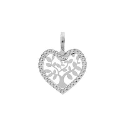 Pendentif en argent rhodié coeur motif arbre de vie et contour perlé 16mm