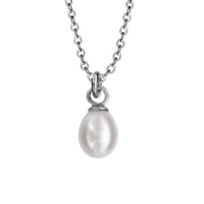 Collier en argent rhodié chaîne avec pendentif perle de culture blanche de 6mm en forme de poire 42+3cm