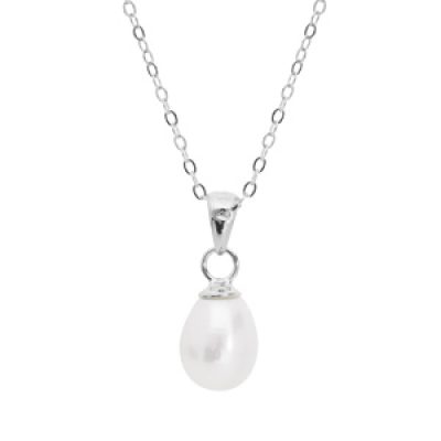 Collier en argent rhodié chaîne avec pendentif perle de culture blanche de 7mm en forme de poire 42+3cm