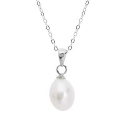Collier en argent rhodié chaîne avec pendentif perle de culture blanche de 8mm en forme de poire 42+3cm