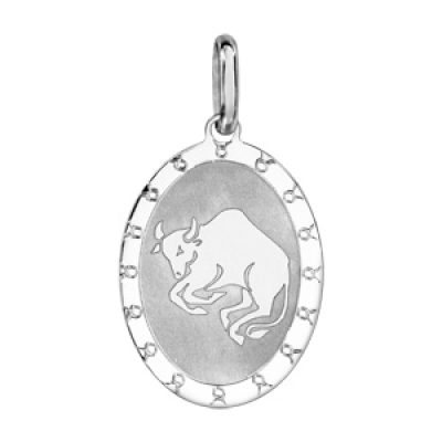 Pendentif en argent rhodié plaque ovale zodiaque Taureau mat et brillant