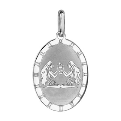 Pendentif en argent rhodié plaque ovale zodiaque Gémeaux mat et brillant