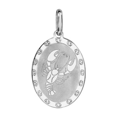 Pendentif en argent rhodié plaque ovale zodiaque Cancer mat et brillant