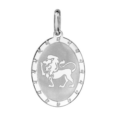 Pendentif en argent rhodié plaque ovale zodiaque Lion mat et brillant