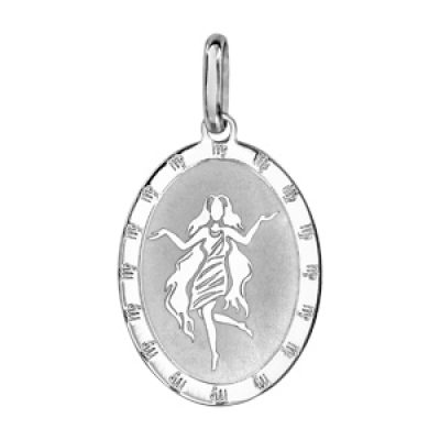 Pendentif en argent rhodié plaque ovale zodiaque Vierge mat et brillant