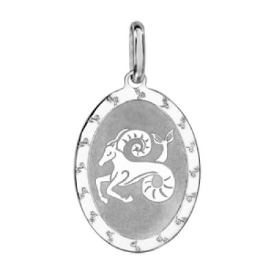 Pendentif en argent rhodié plaque ovale zodiaque Capricorne mat et brillant