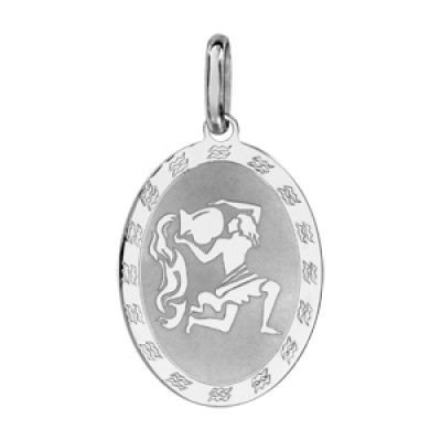 Pendentif en argent rhodié plaque ovale zodiaque Verseau mat et brillant