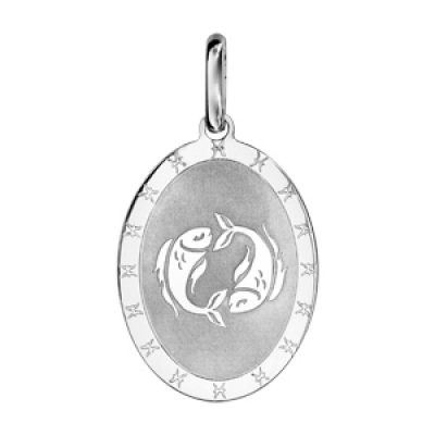 Pendentif en argent rhodié plaque ovale zodiaque Poissons mat et brillant
