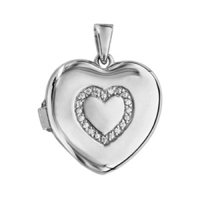 Pendentif en argent rhodié cassolette coeur avec coeur en oxydes blancs sertis sur le dessus - dimension 20mm - possibilité d'insérer 1 ou 2 photos droite et gauche