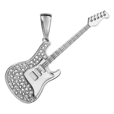 Pendentif en argent rhodié guitare rock avec oxydes blancs sertis - longueur 50mm